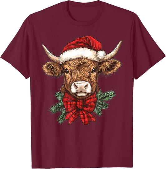 Highland Cow Christmas Santa Hat Mooey Xmas Heifer Pajamas T-Shirt - T-Shirt | Maroon