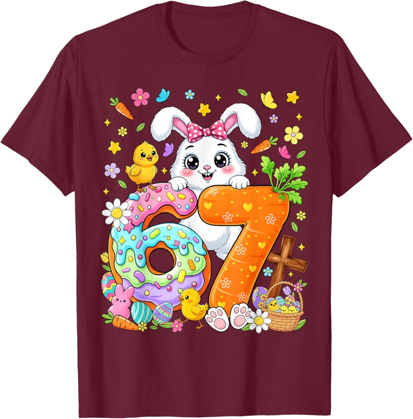 67 Funny Six Seven Gen Meme Cute Rabbit Bunny Easter Day T-Shirt - T-Shirt | Maroon