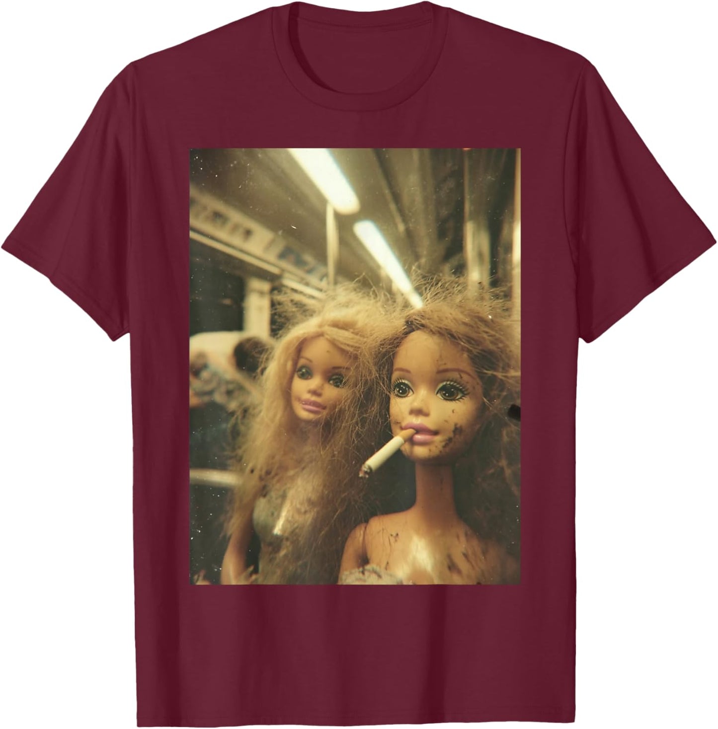 Funny Disgusting Doll face Meme Smoking Y2K Sarcastic Gift T-Shirt - T-Shirt | Maroon