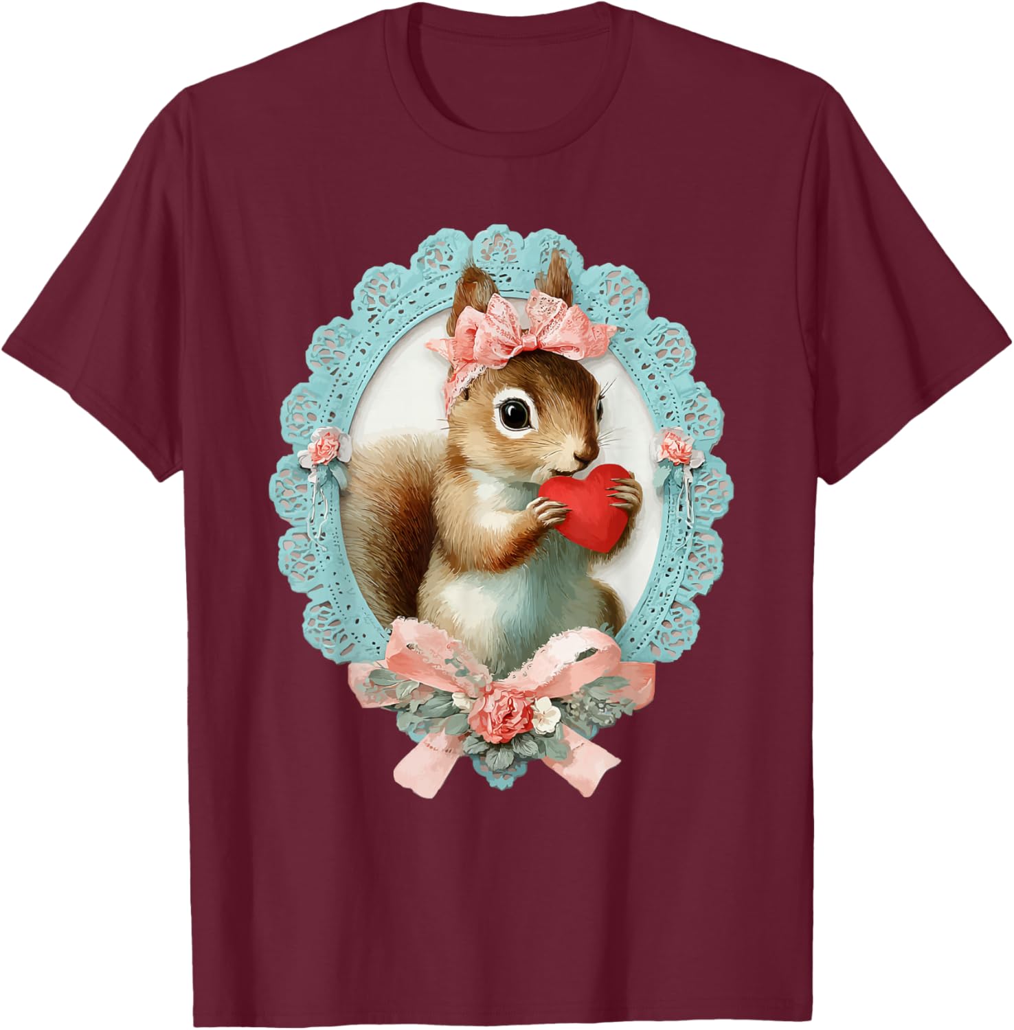 Cute Squirrel Valentine with Heart Vintage Animal Coquette T-Shirt - T-Shirt | Maroon