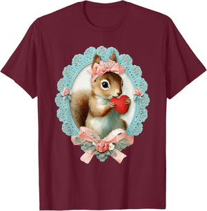 Cute Squirrel Valentine with Heart Vintage Animal Coquette T-Shirt - T-Shirt | Maroon