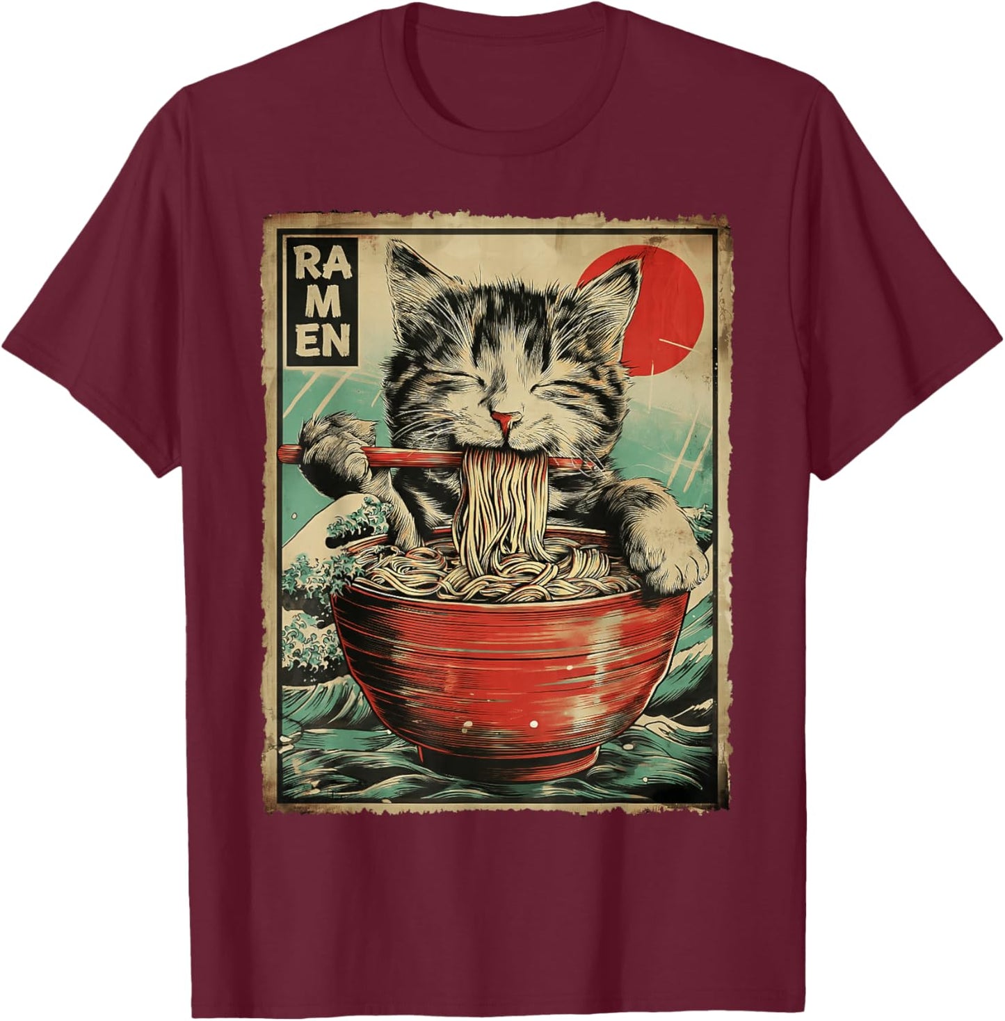 Funny Ramen Cat Noodle Lovers Anime Otaku T-Shirt - T-Shirt | Maroon