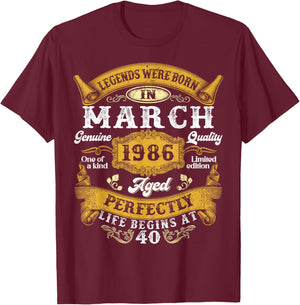 Legends were Born in March 1986 Vintage 40 Years Old Men Him T-Shirt - T-Shirt | Maroon