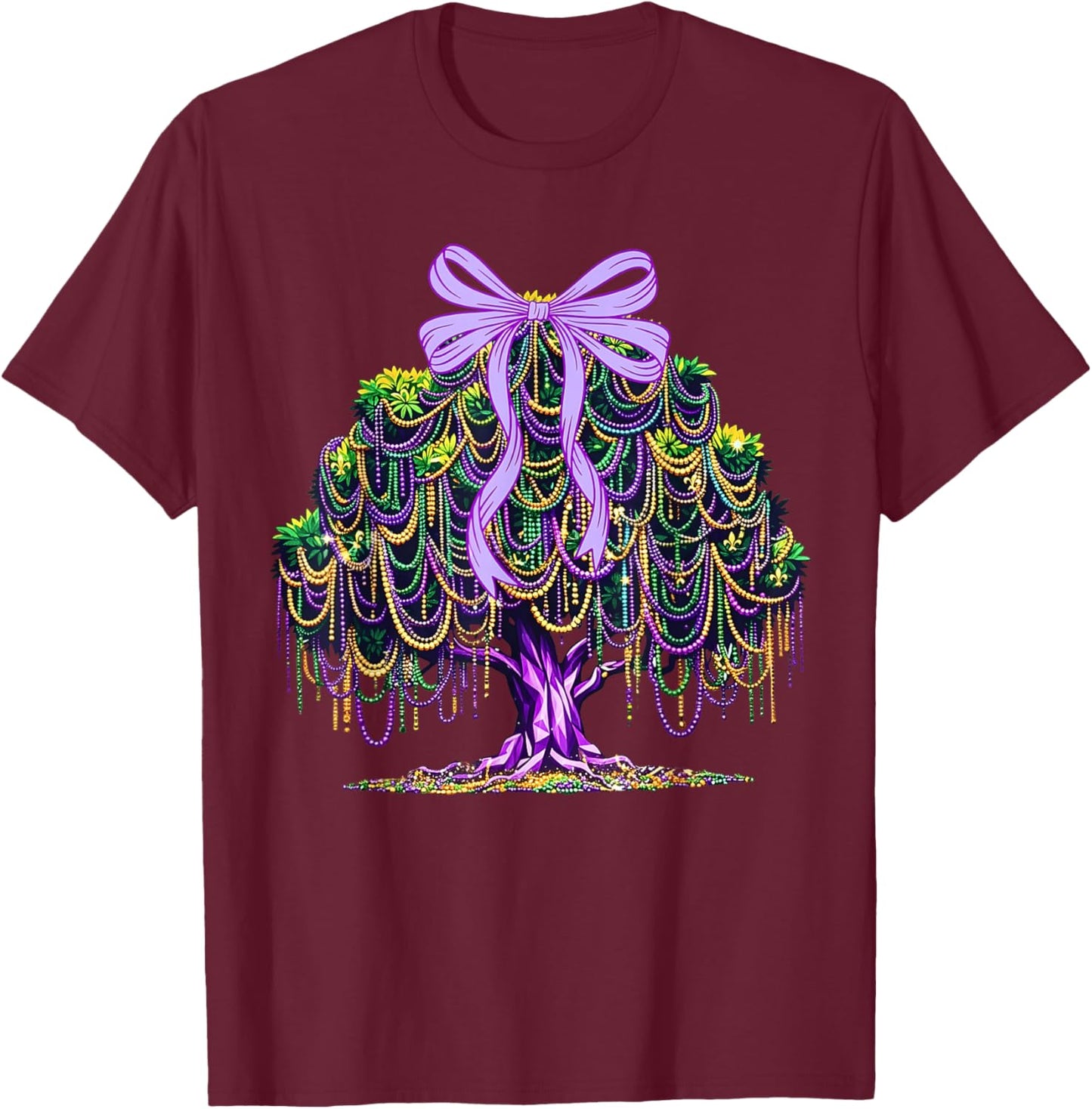 Mardi Gras Beads Tree Coquette Bow Girl Women Kid T-Shirt - T-Shirt | Maroon