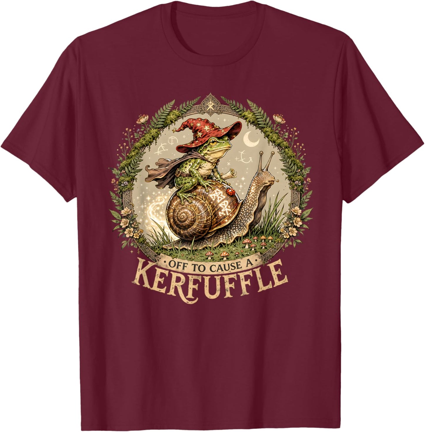 Off to Cause a Kerfuffle Witchy Frog Wizard Snail Meme Humor T-Shirt - T-Shirt | Maroon