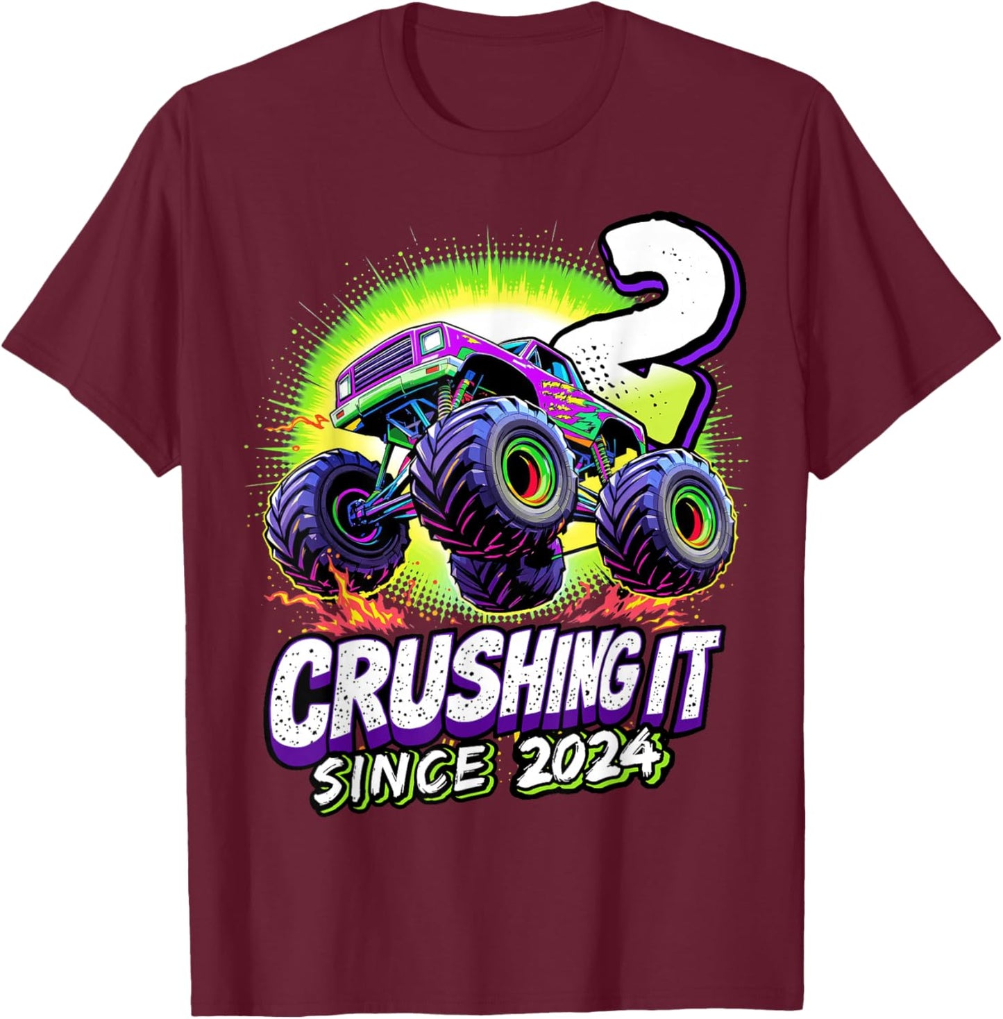 Birthday Monster Truck 2 Year Old Boys 2nd Party Born 2024 T-Shirt - T-Shirt | Maroon