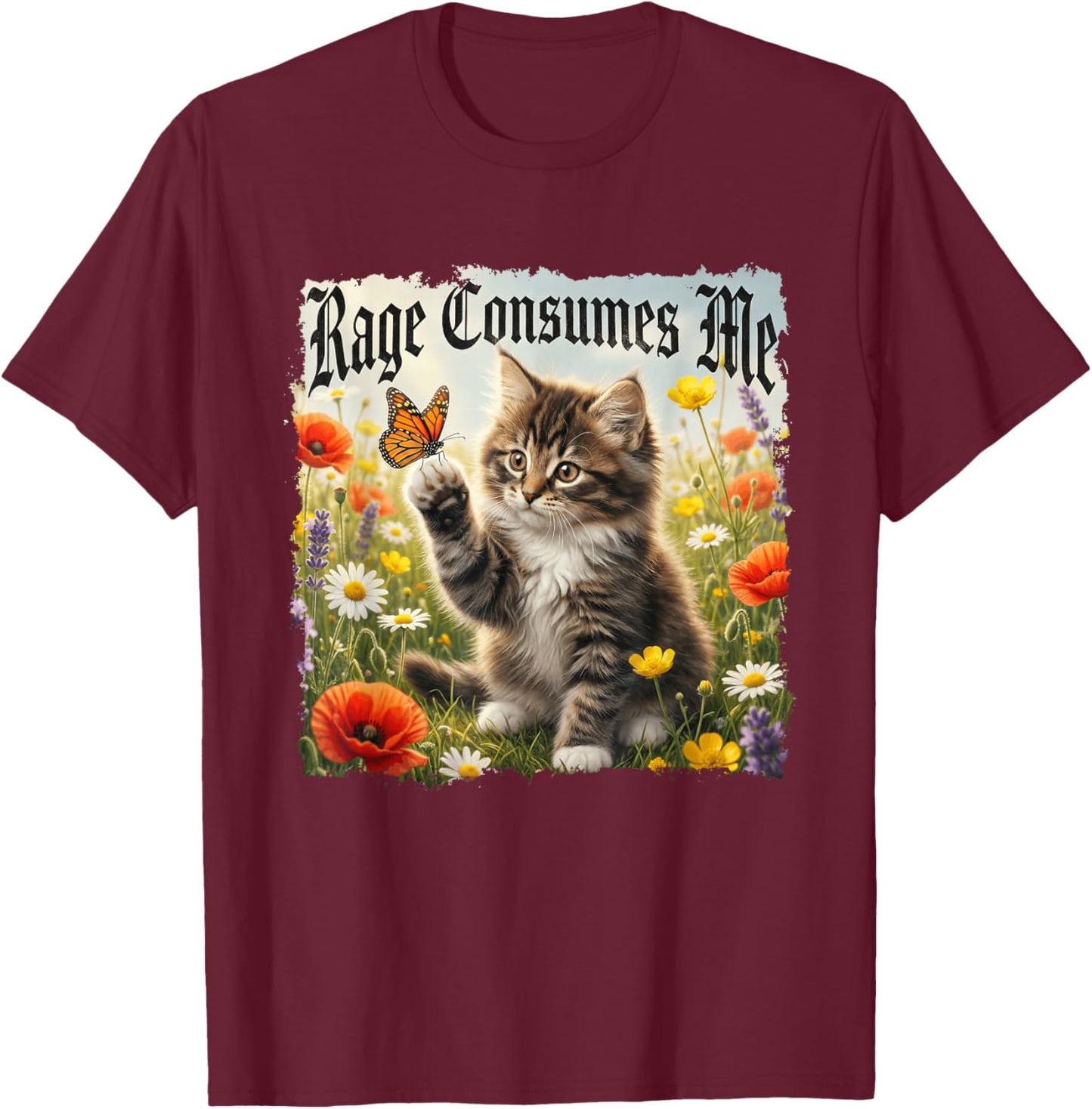 Rage Consumes Me Funny Cat Butterfly Heavy Metal T-Shirt - T-Shirt | Maroon