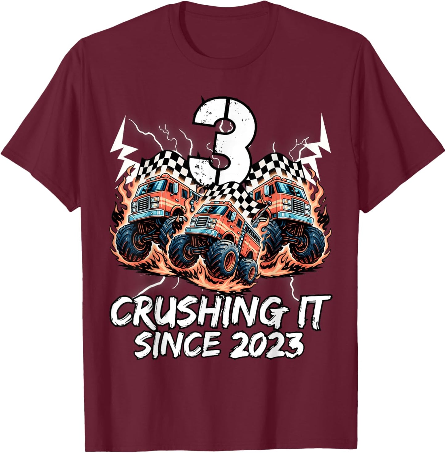 Birthday Firefighter Truck 3 Year Old Boys 3rd Born 2023 T-Shirt - T-Shirt | Maroon