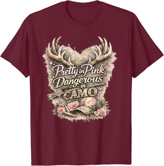Pretty Pink Dangerous in Camo Hunting Patriotic Outdoor T-Shirt - T-Shirt | Maroon
