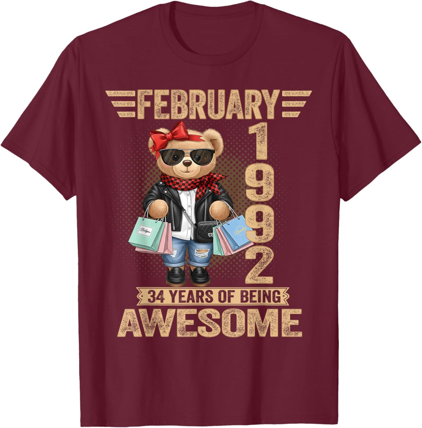 34 Year Old February 1992 Teddy Bear 34th Birthday Women T-Shirt - T-Shirt | Maroon