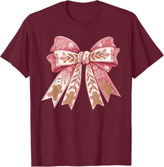 Pink Coquette Bow Christmas Gingerbread Man Girly Xmas Women T-Shirt - T-Shirt | Maroon