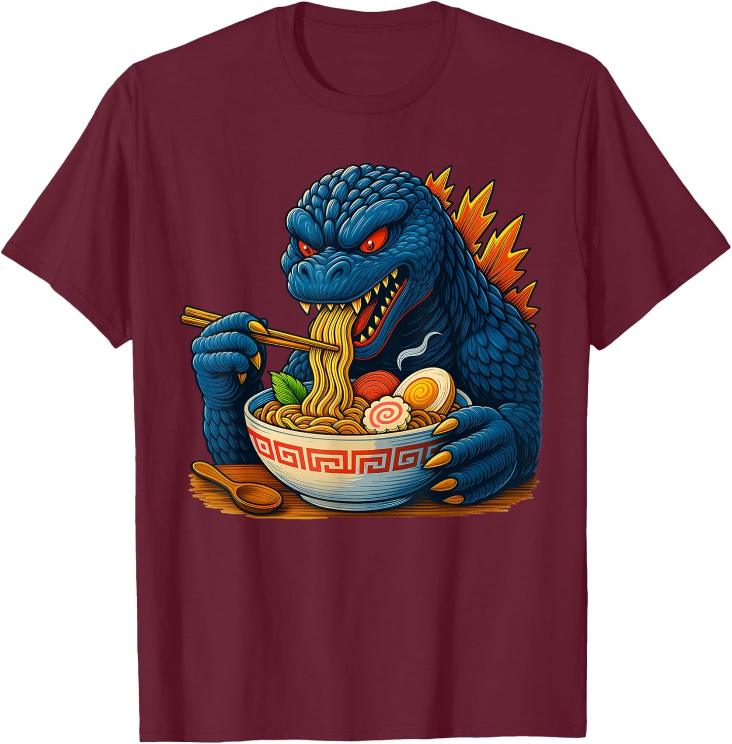 Kaiju Eating Ramen Japanese Funny Monster Eating Ramen T-Shirt - T-Shirt | Maroon