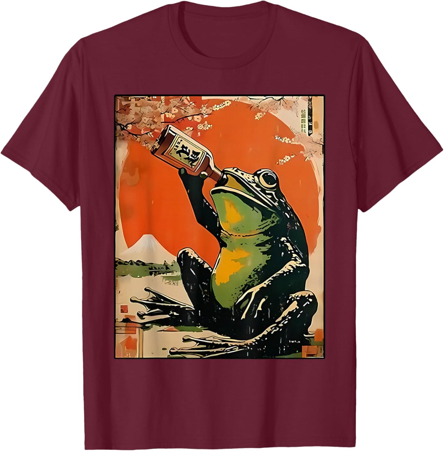 Frog Drinking Beer Japanese Kawaii Anime Ukiyoe Art T-Shirt - T-Shirt | Maroon