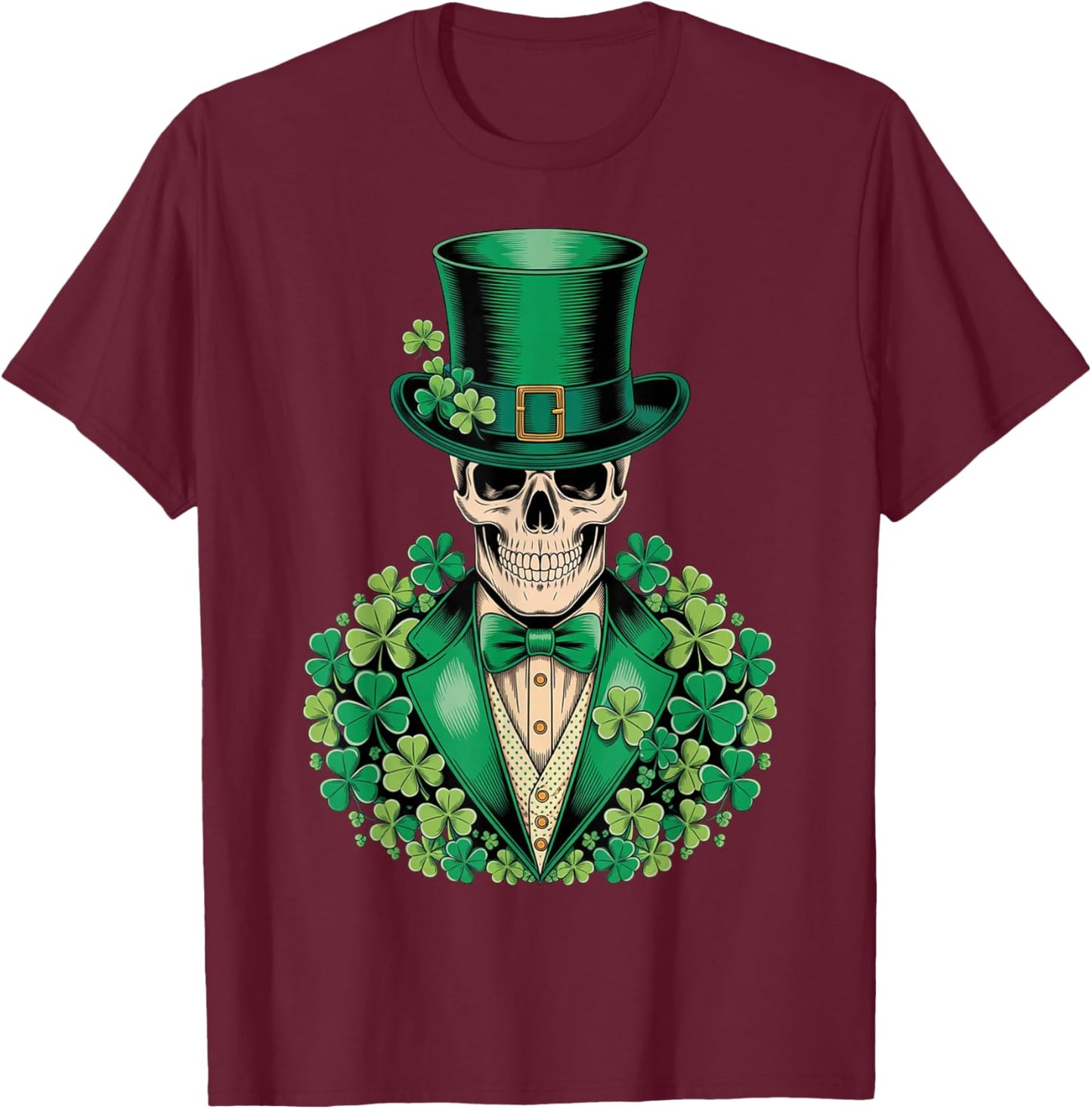 Vintage St Patrick Skull Gothic Irish Biker Shamrock Top Hat T-Shirt - T-Shirt | Maroon