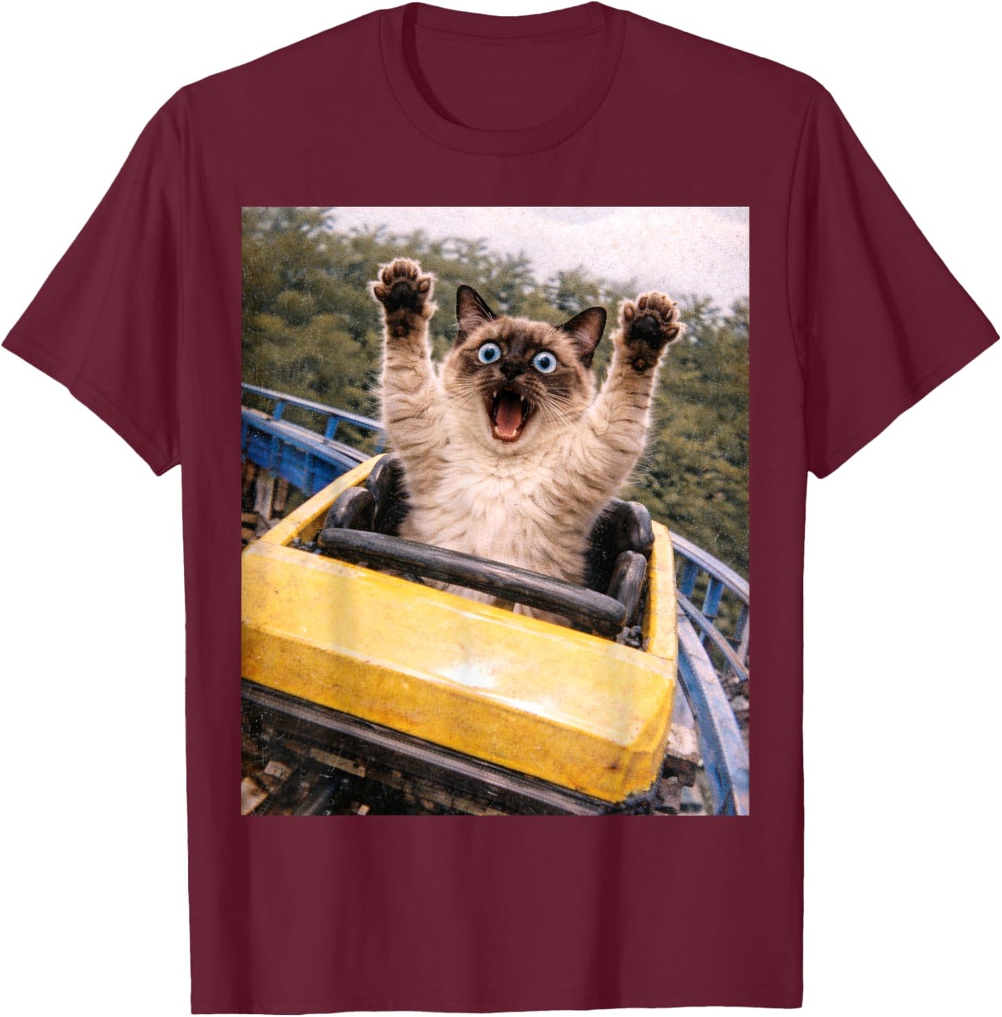 Funny Cat Roller Coaster Silly Meme Graphic Siamese Cat T-Shirt - T-Shirt | Maroon
