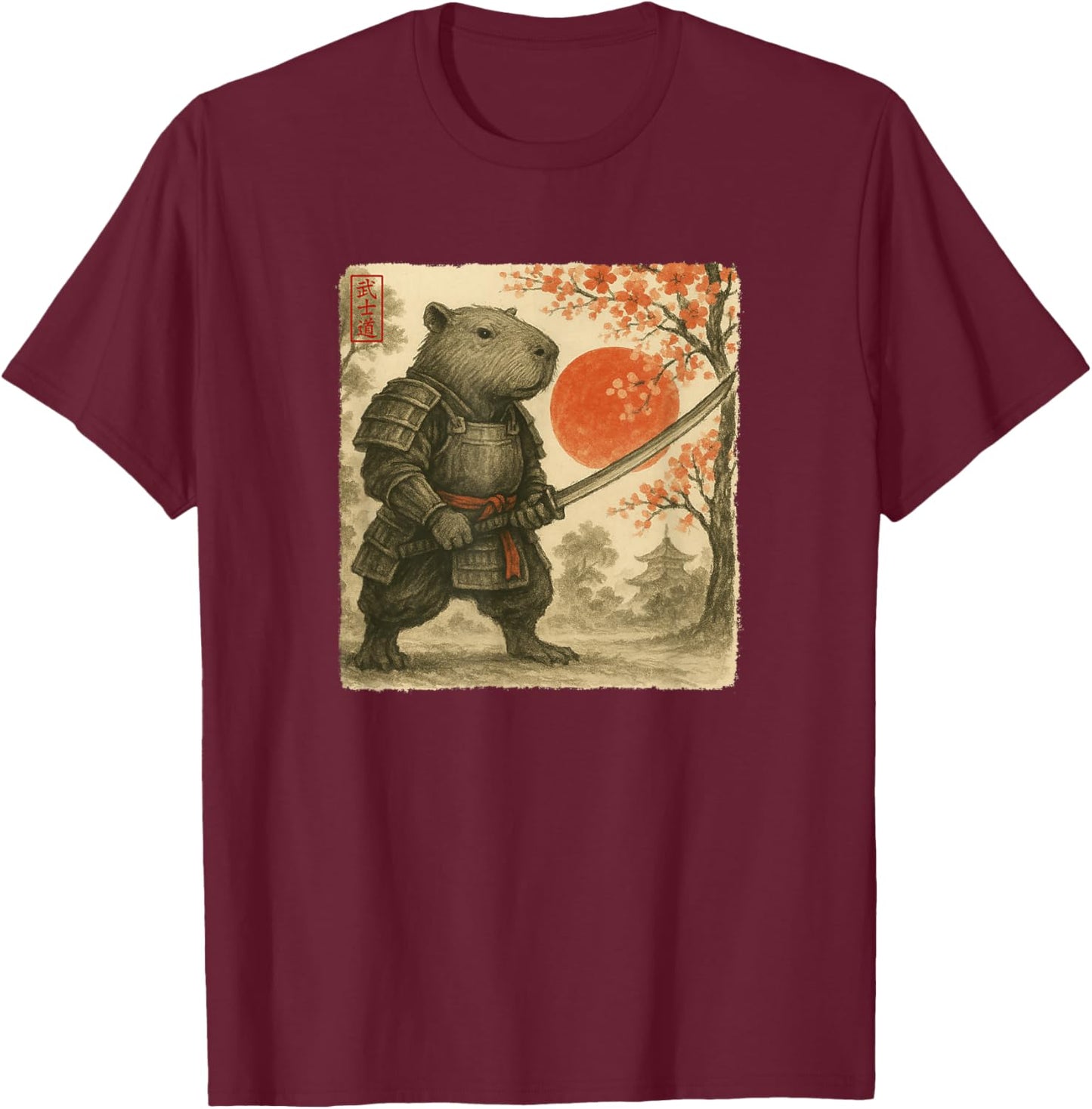 Capybara Samurai Japanese Warrior Costume Sumi-e Art Funny T-Shirt - T-Shirt | Maroon