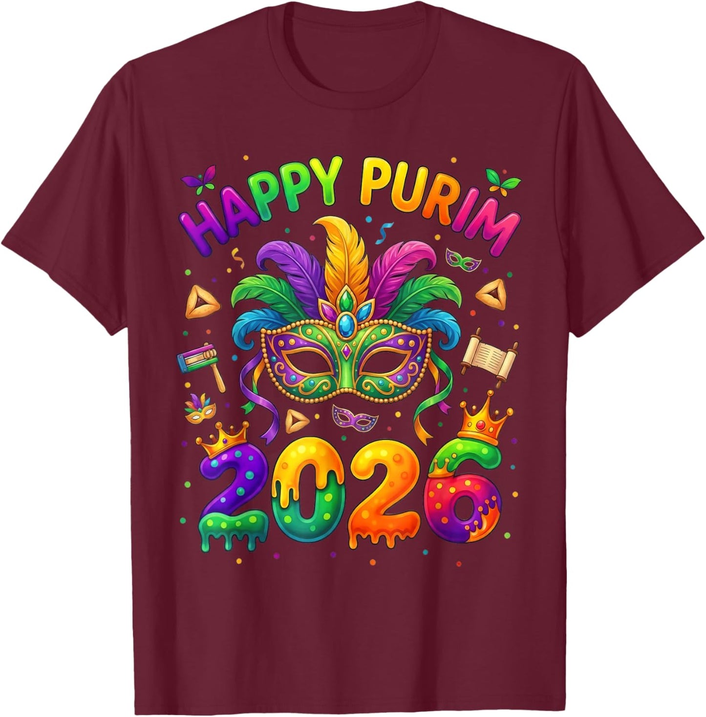 Happy Purim 2026 Colorful Jewish Festival Mask Balloon T-Shirt - T-Shirt | Maroon