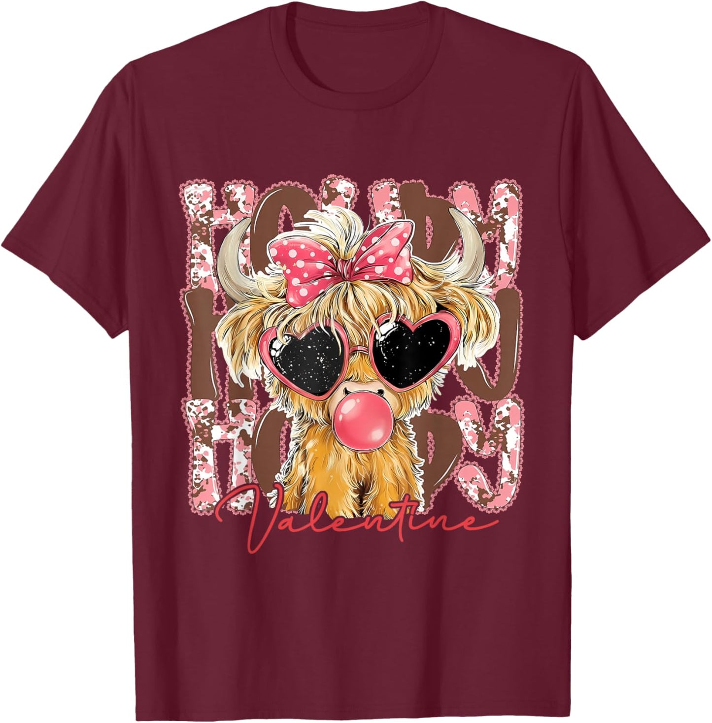 Funny Retro Highland Cow Howdy Valentine Coquette Heart Love T-Shirt - T-Shirt | Maroon