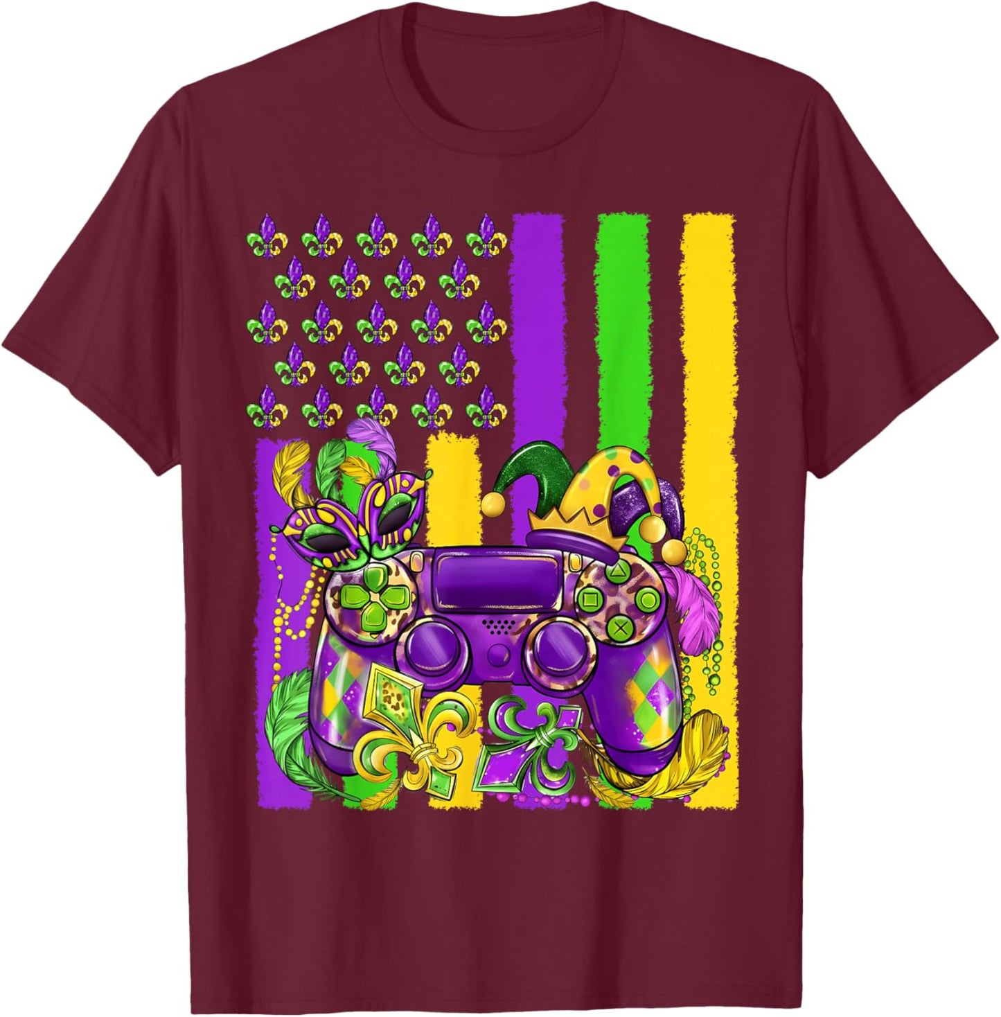 Mardi Gras Video Game Flag Fleur De Lis Jester Boy Girl Kid T-Shirt - T-Shirt | Maroon