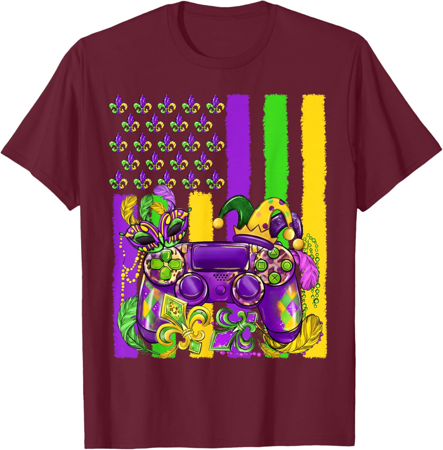 Mardi Gras Video Game Flag Fleur De Lis Jester Boy Girl Kid T-Shirt - T-Shirt | Maroon
