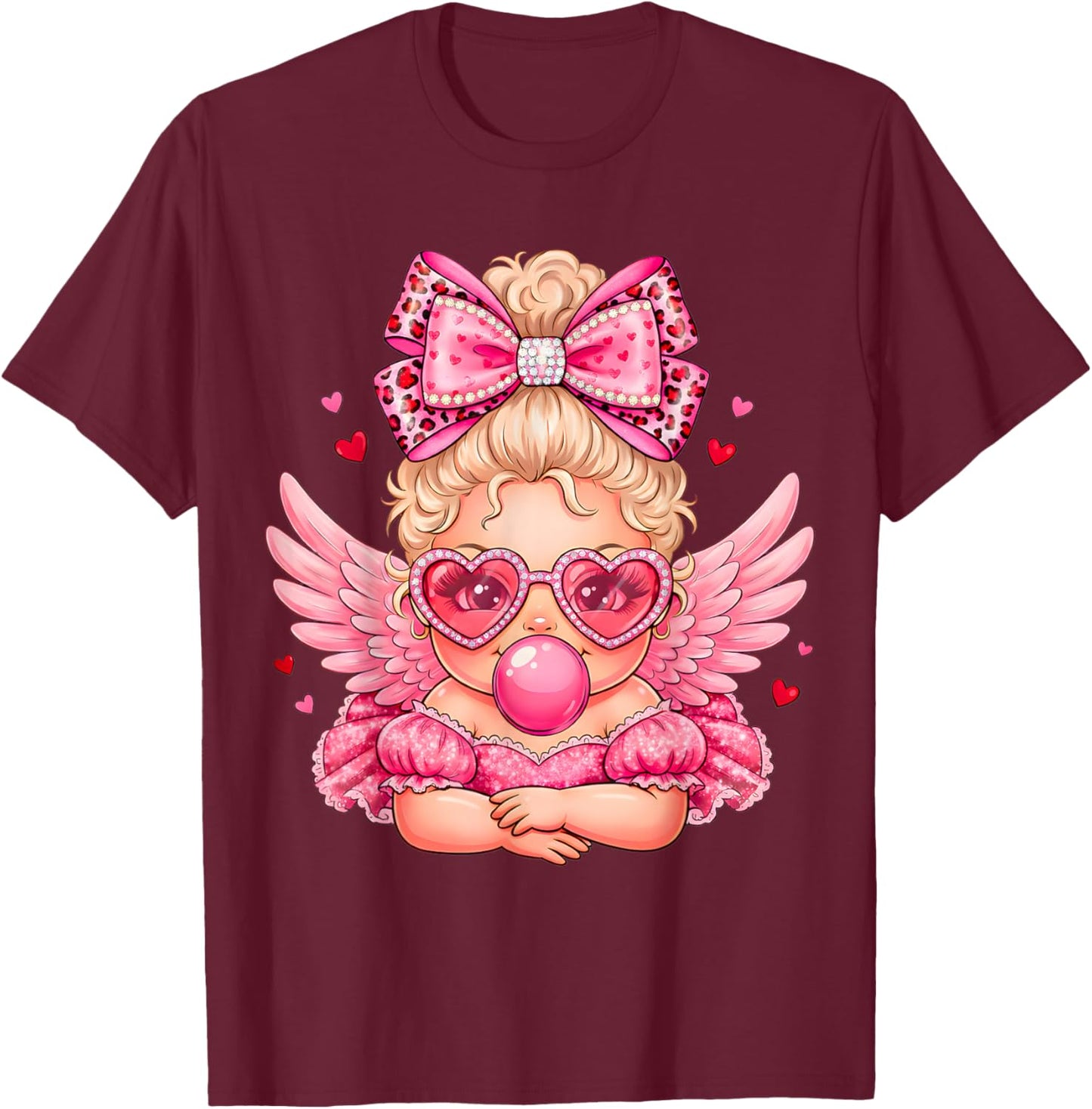 Leopard Bow Cupid Valentine Day Cute Cupid Blowing Bubble T-Shirt - T-Shirt | Maroon