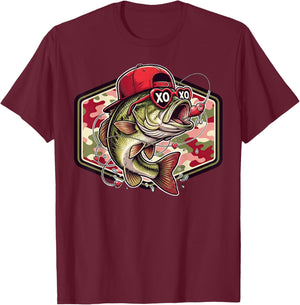 Valentine Bass Fishing Camo Fisherman Valentines Day T-Shirt - T-Shirt | Maroon