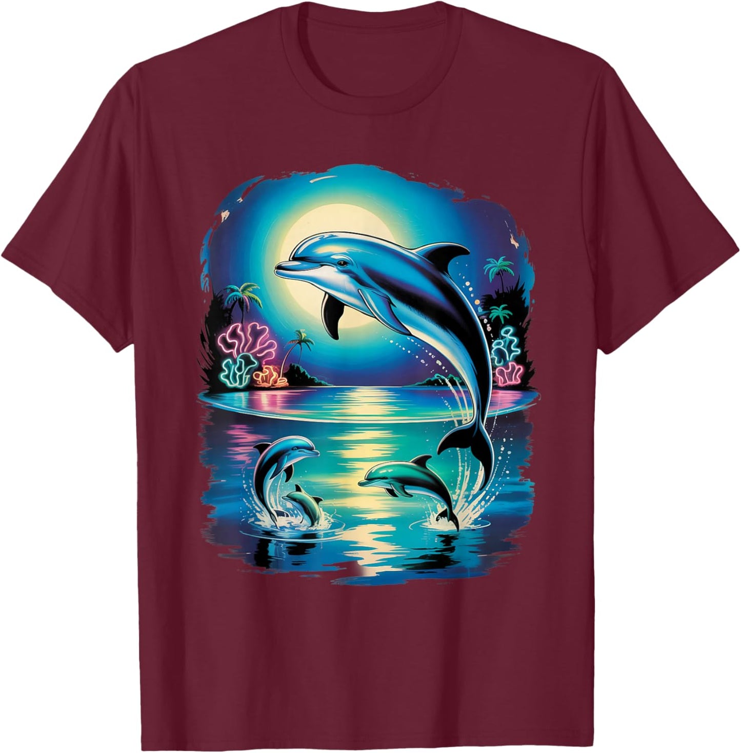 Vintage Retro 90s Airbrushed Dolphins in Ocean Sunset T-Shirt - T-Shirt | Maroon