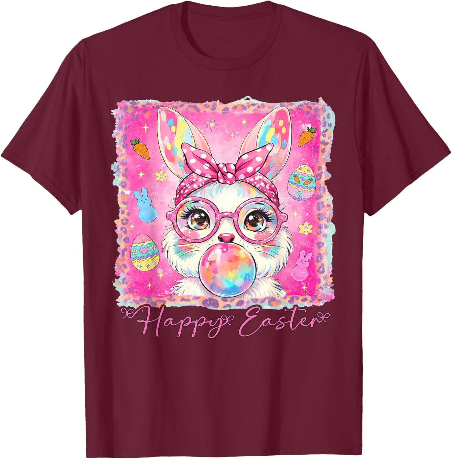 Happy Easter Cute Rabbit Bunny Face Blowing Bubble Gum Girls T-Shirt - T-Shirt | Maroon