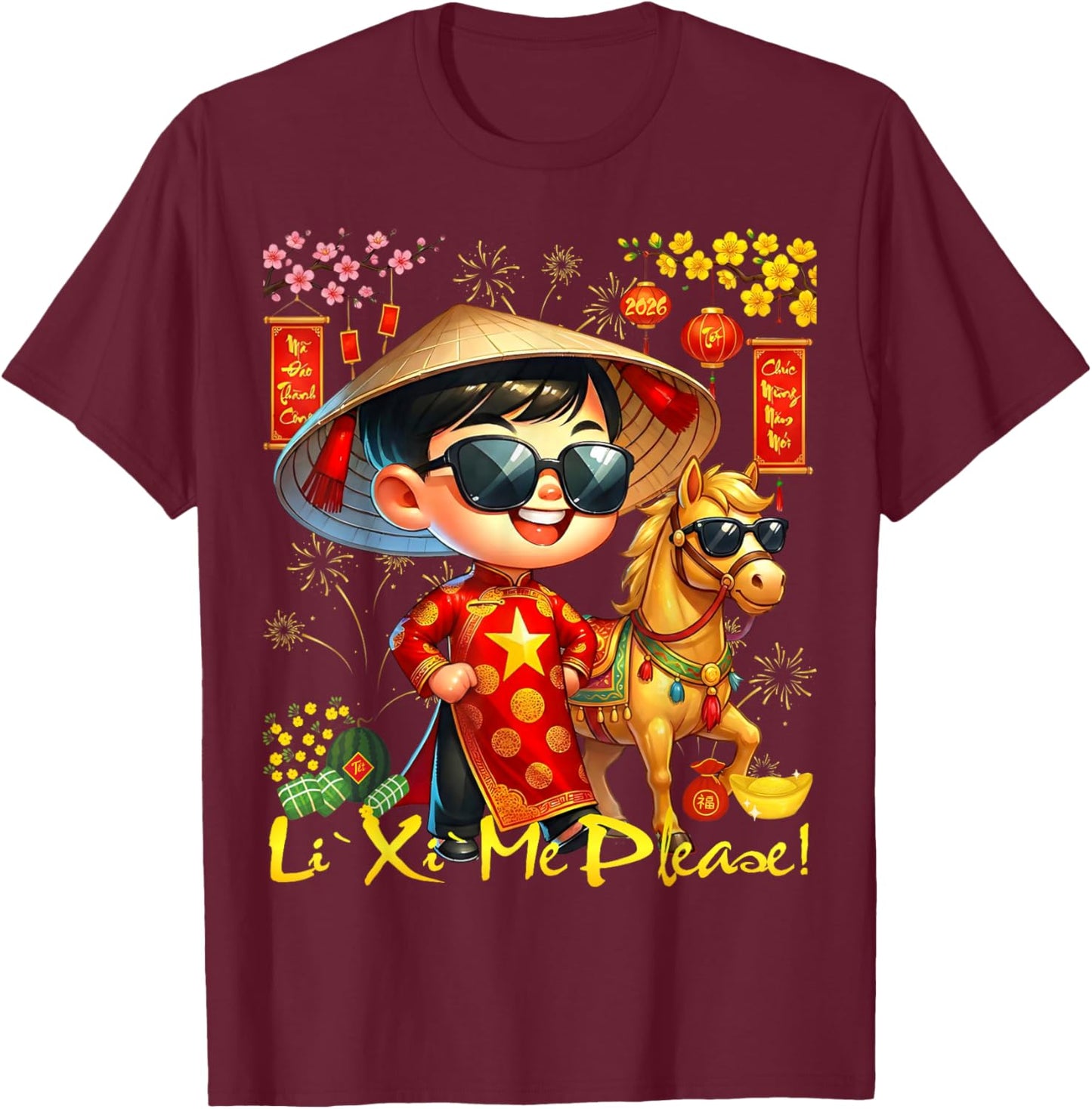 Happy TET Chuc Mung NAM Moi 2026 Li Xi Me Please Kids Boys T-Shirt - T-Shirt | Maroon
