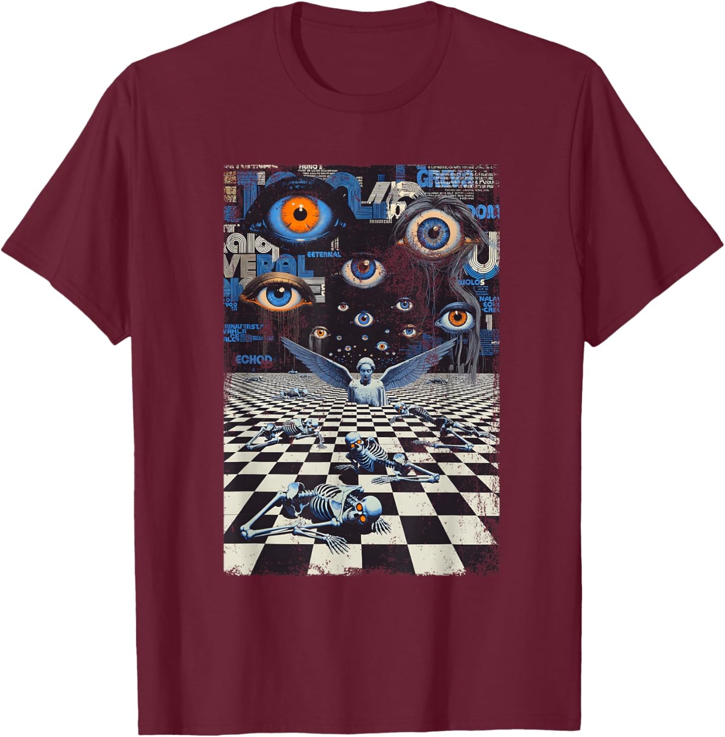 Weirdcore Eyes Skeleton Glitch Art Surreal Checkered Floor T-Shirt - T-Shirt | Maroon