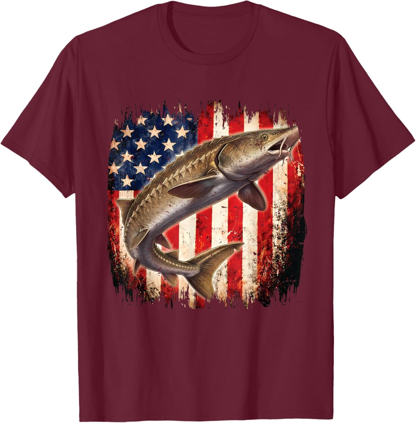 American Flag Sturgeon Fish Fishing Vintage Fisherman T-Shirt - T-Shirt | Maroon