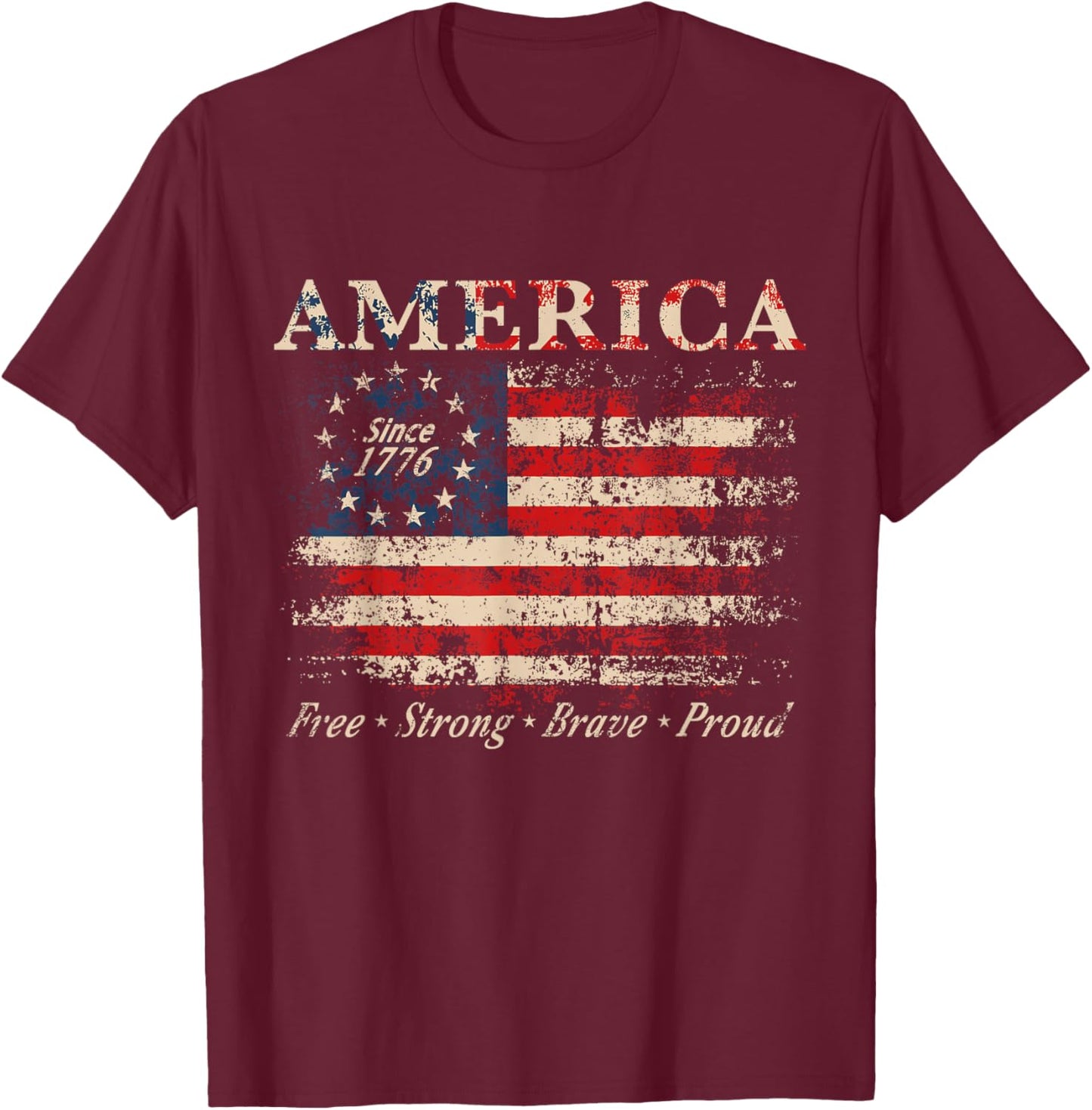 Distressed American Flag Patriotic USA Vintage 1776 T-Shirt - T-Shirt | Maroon