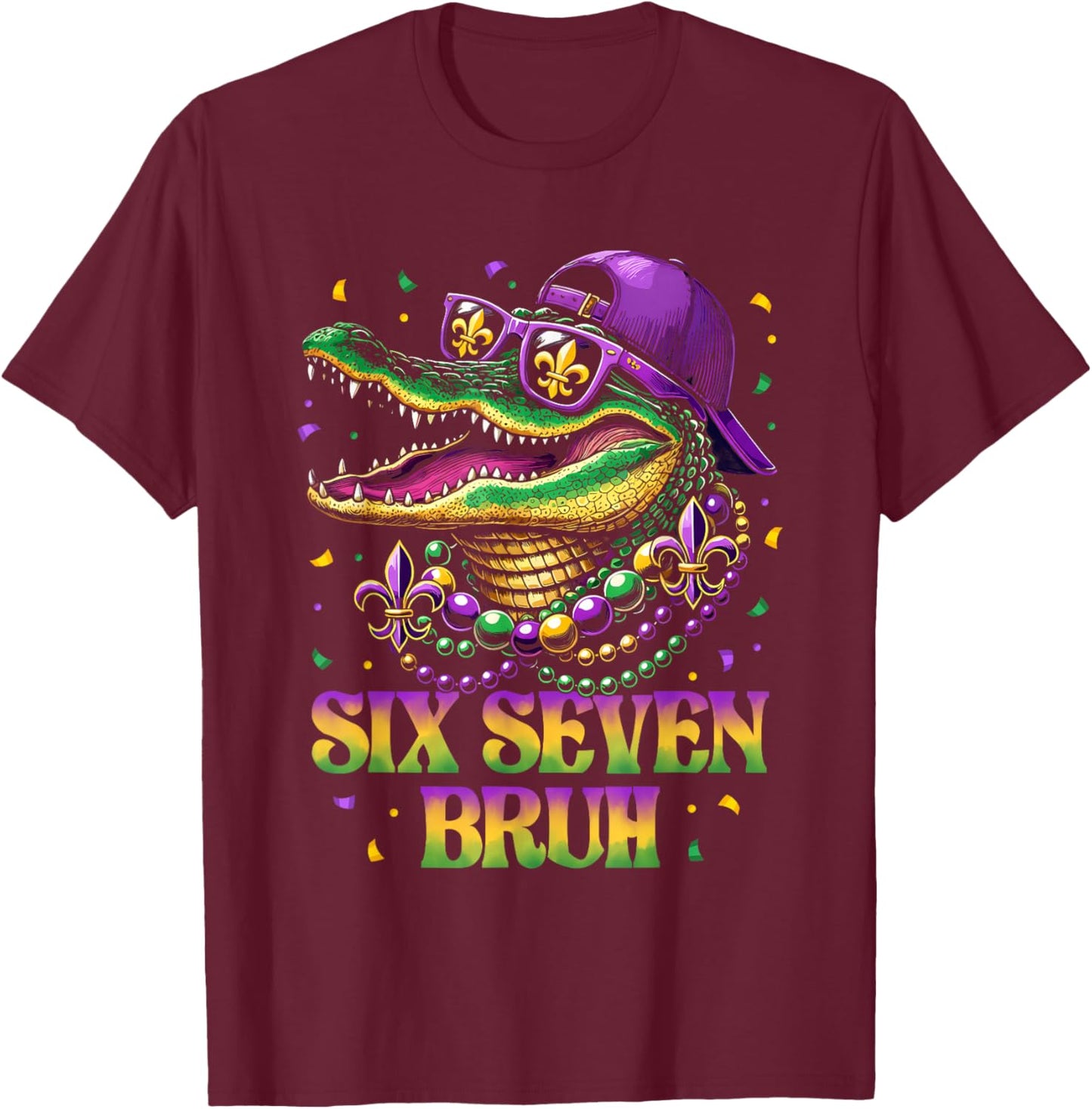 Mardi Gras Six Seven Bruh Mardigator Alligator 6 7 Meme Boys T-Shirt - T-Shirt | Maroon
