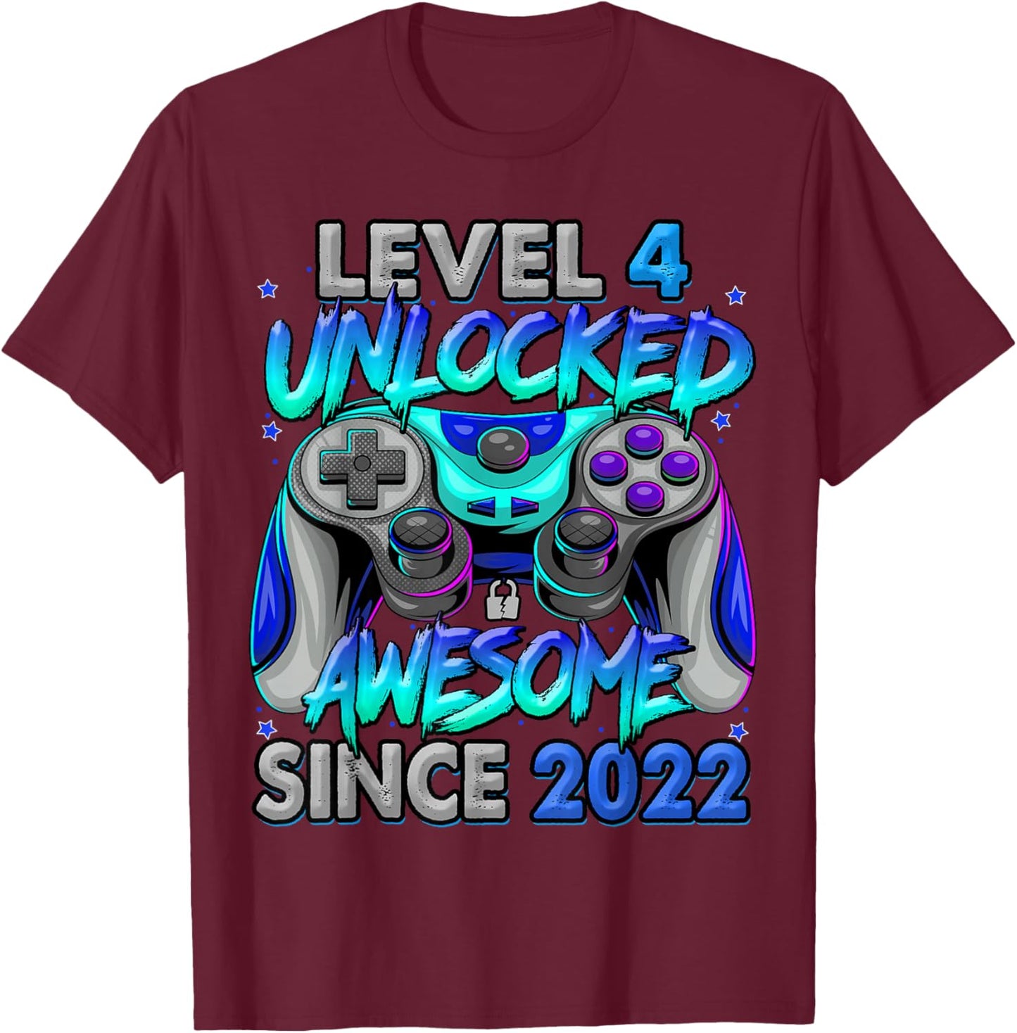 Level 4 Unlocked Awesome Since 2022 4th Birthday Gaming T-Shirt - T-Shirt | Maroon