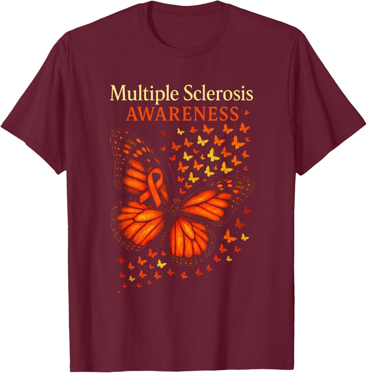 Multiple Sclerosis Awareness - Butterfly Ribbon T-Shirt - T-Shirt | Maroon