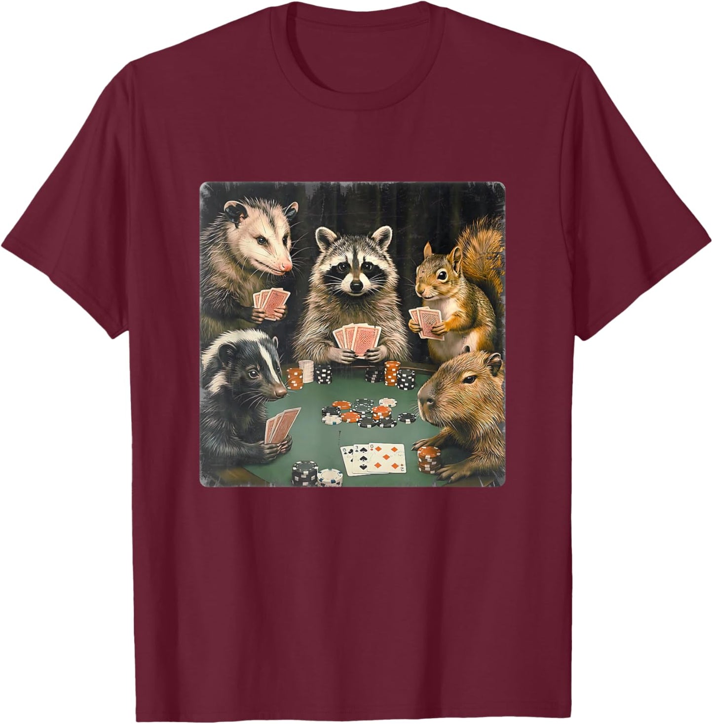 Forest Animals Playing Poker Card Gambling Matching Game Day T-Shirt - T-Shirt | Maroon