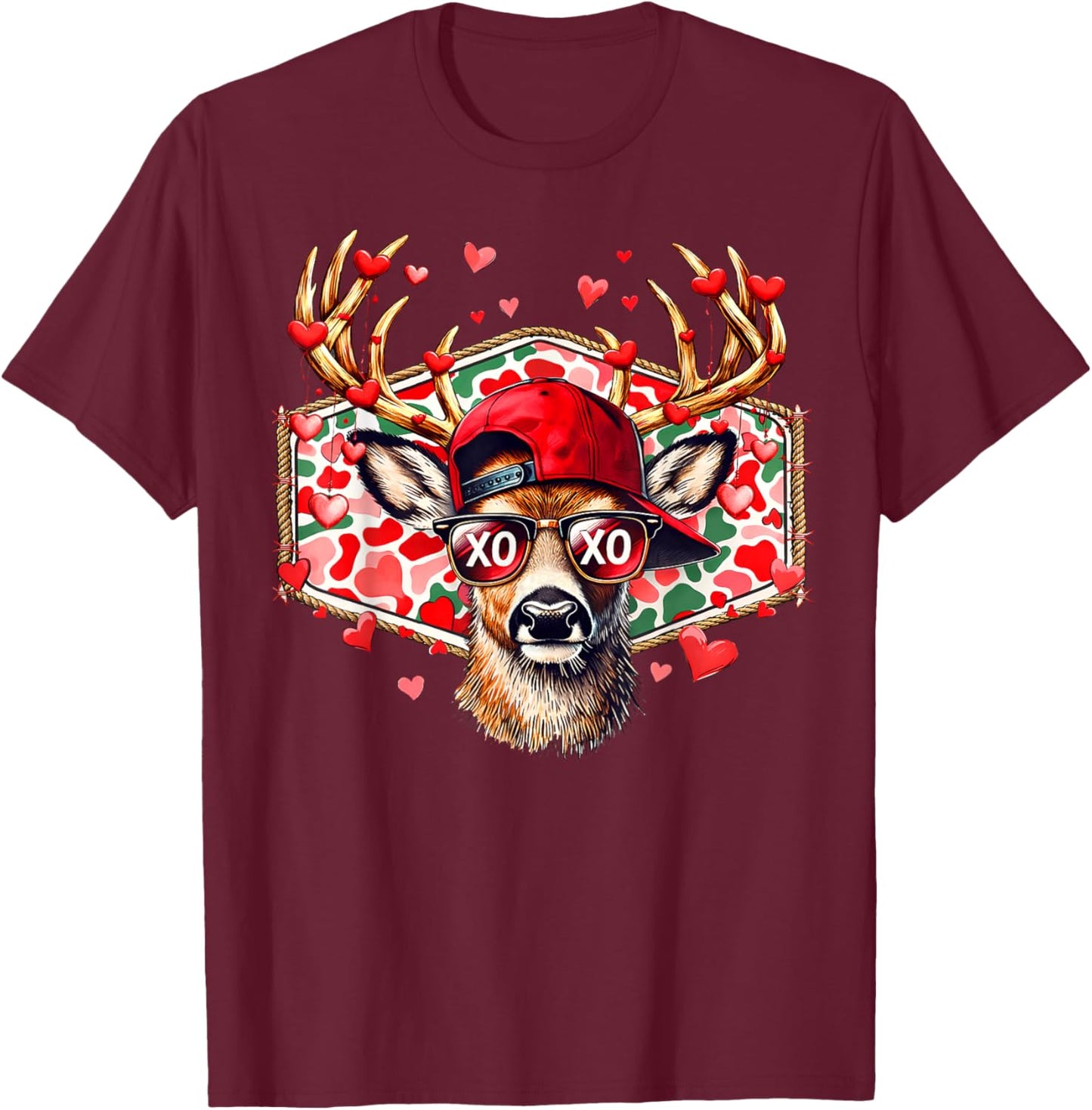 Valentine Buck Deer Hunting Camo Funny Red Heart Boy Girl T-Shirt - T-Shirt | Maroon