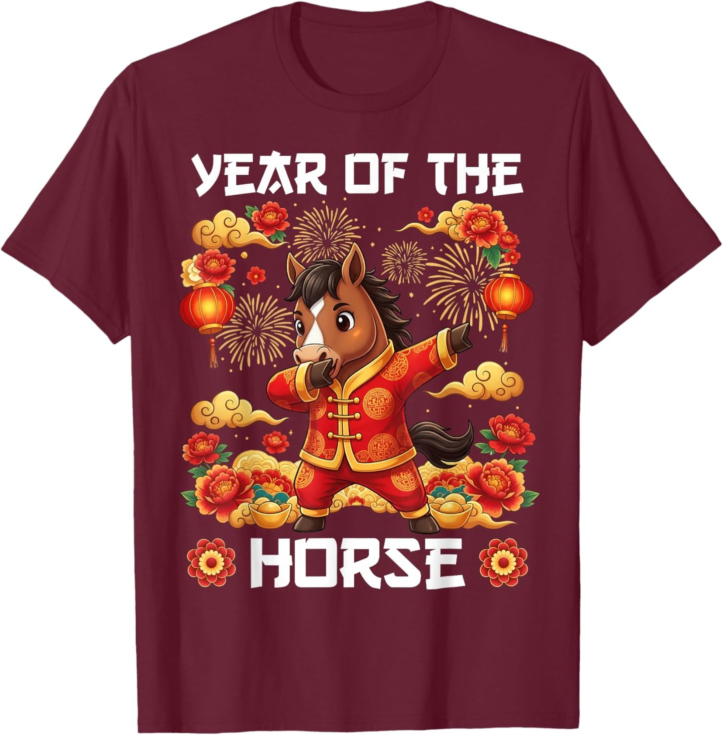 Chinese New Year 2026 Year of The Horse Funny Dabbing Horse T-Shirt - T-Shirt | Maroon