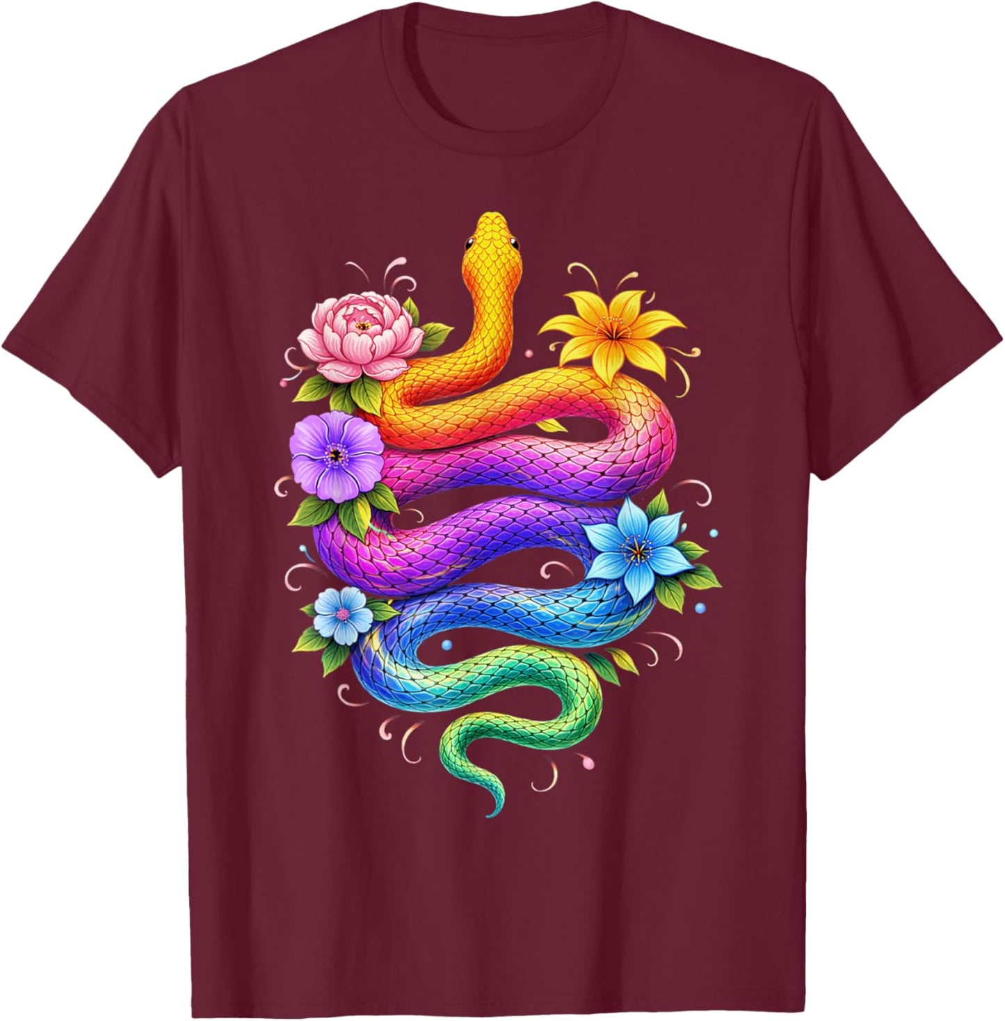 Colorful Floral Snake Flowers Rainbow Women Girls Kids T-Shirt - T-Shirt | Maroon