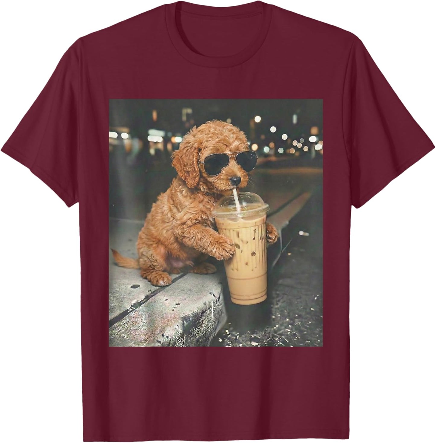Goldendoodle Drinking Iced Coffee Funny Dog Meme Doodle T-Shirt - T-Shirt | Maroon