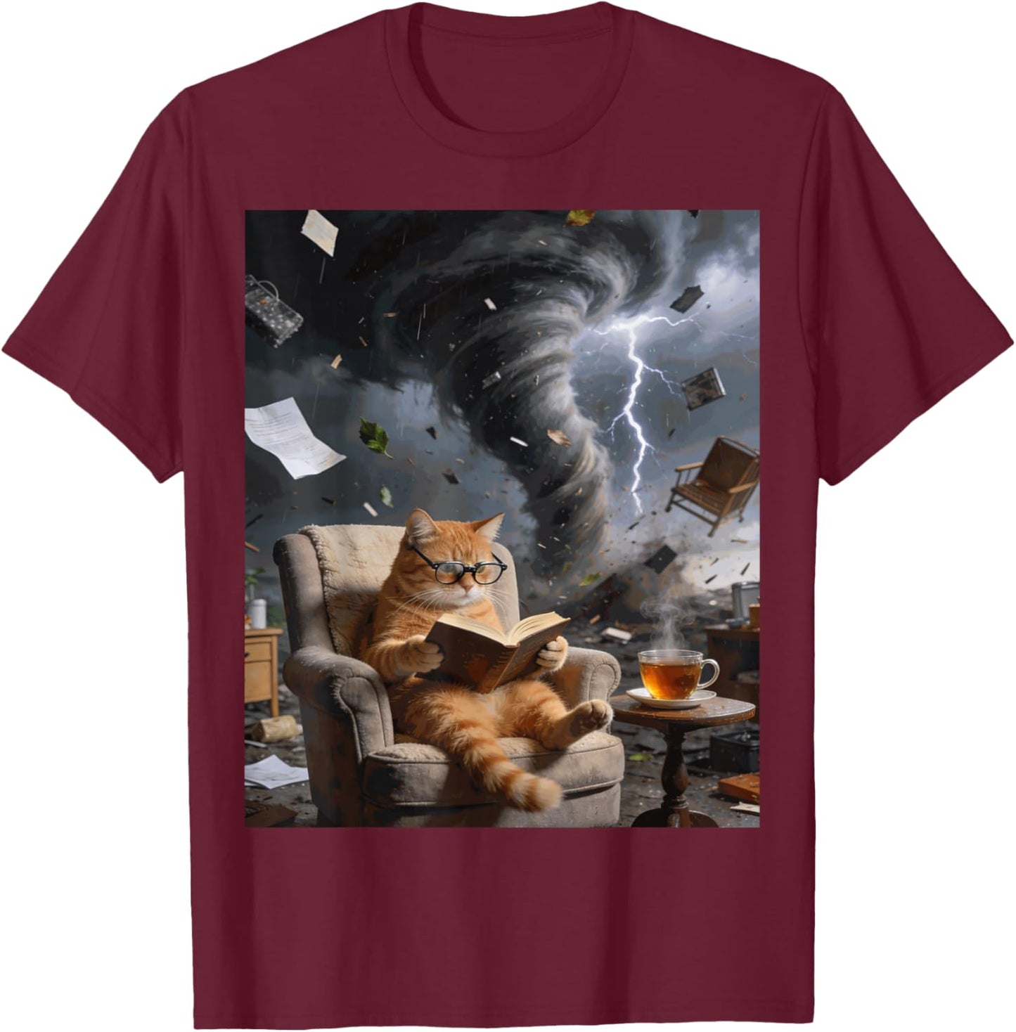 Bookworm Cat Reading Tornado Chaos Glasses Coffee Funny T-Shirt - T-Shirt | Maroon