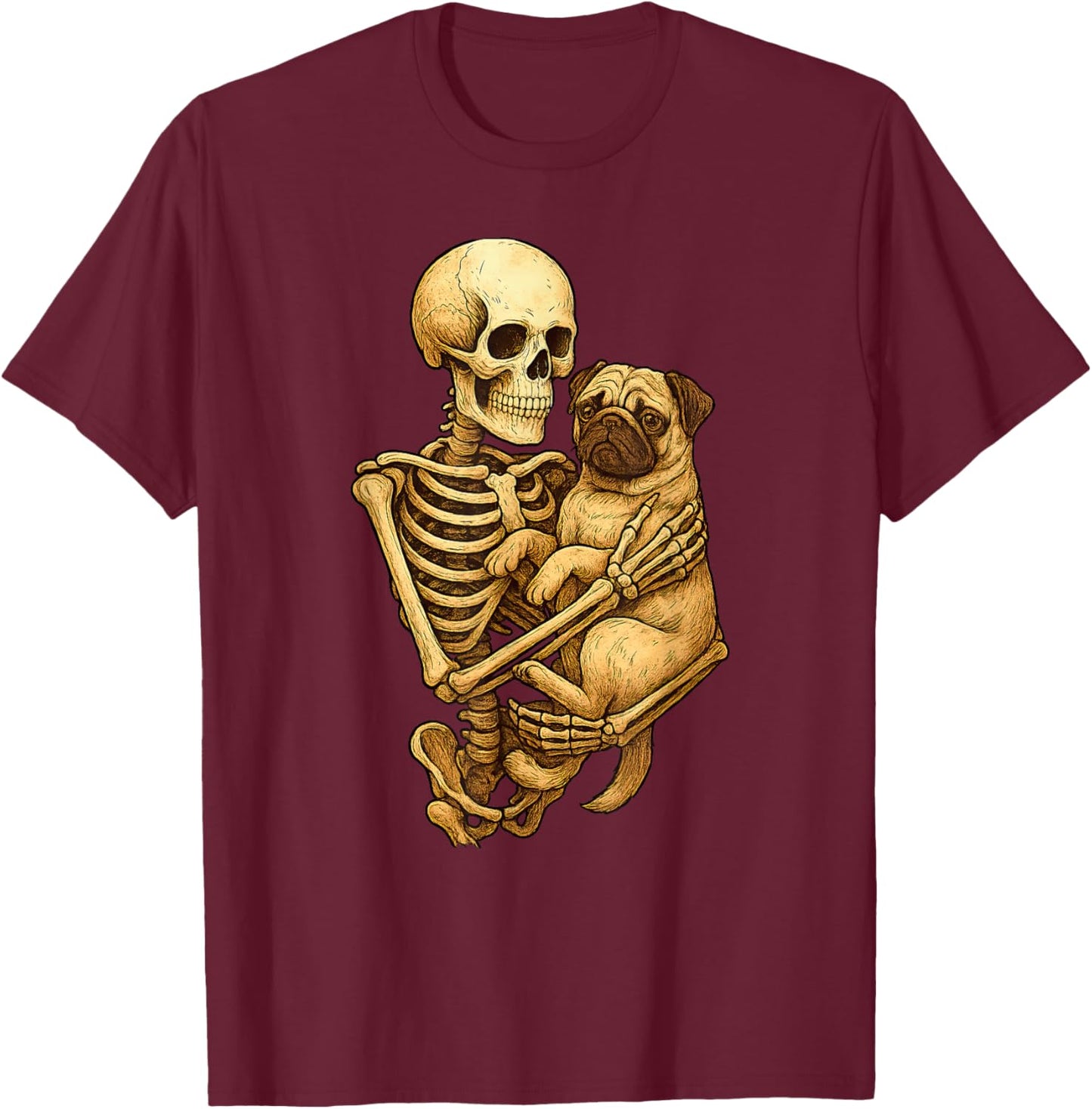 Skeleton Hugging Pug Halloween Pugs Lover Pug Mom Dad T-Shirt - T-Shirt | Maroon