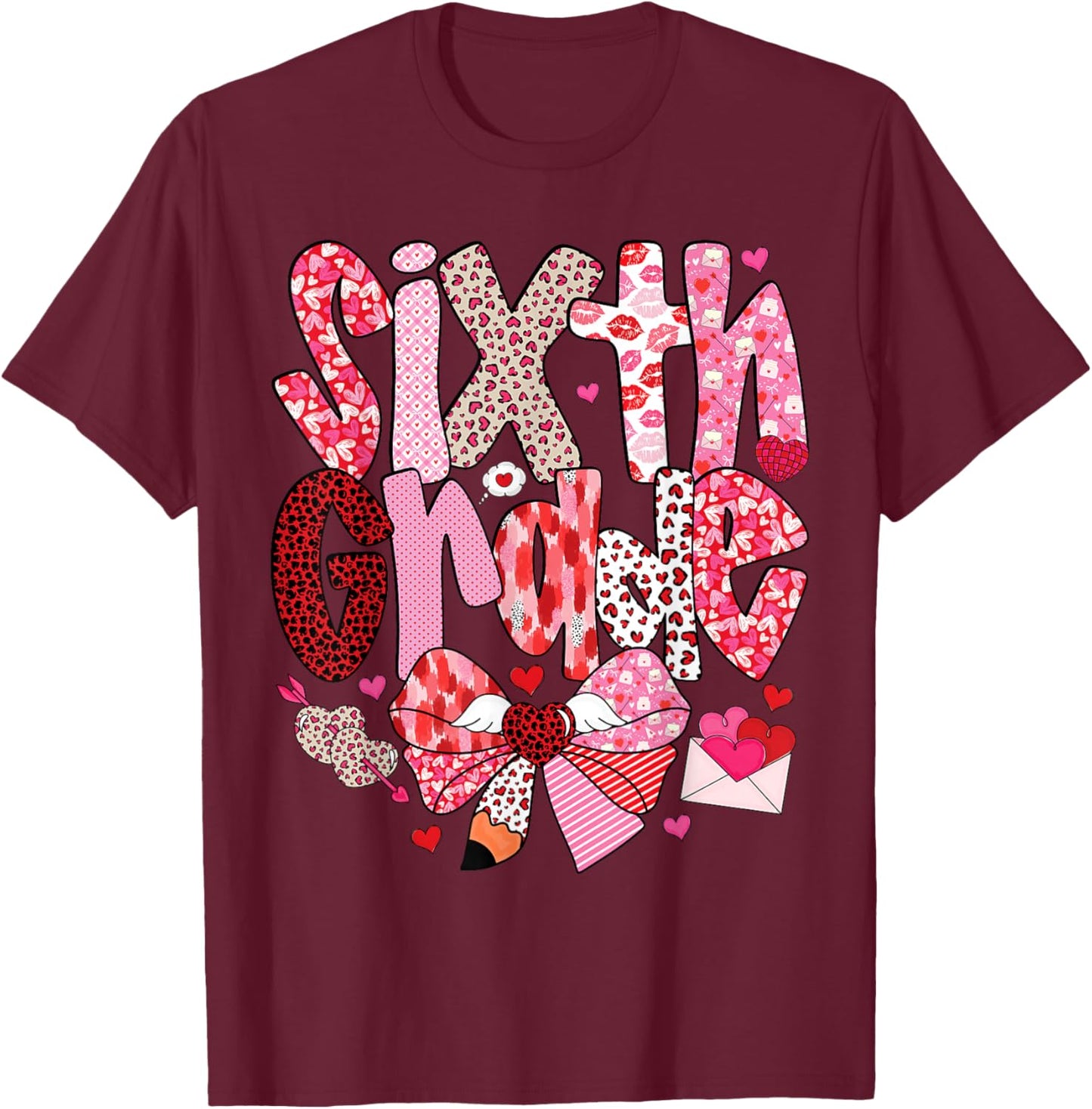 Sixth Grade Valentine Teacher Heart Design T-Shirt - T-Shirt | Maroon