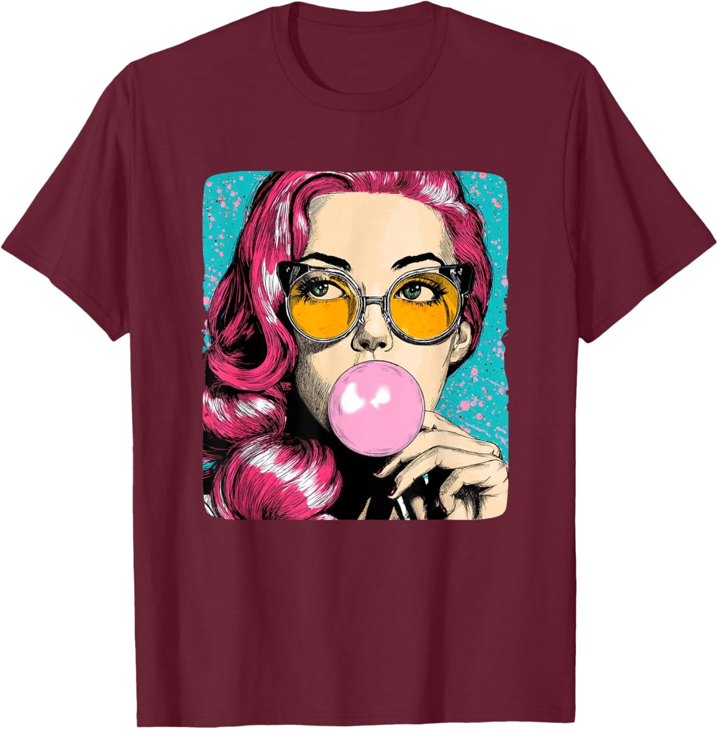 Cool Woman with Chewing Gum in Pop Art Style Costume T-Shirt - T-Shirt | Maroon