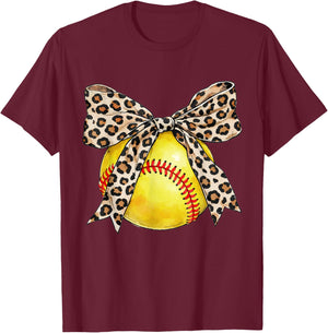 Softball Leopard Coquette Bow for Softball Mom Women Girls T-Shirt - T-Shirt | Maroon