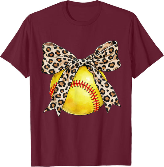 Softball Leopard Coquette Bow for Softball Mom Women Girls T-Shirt - T-Shirt | Maroon