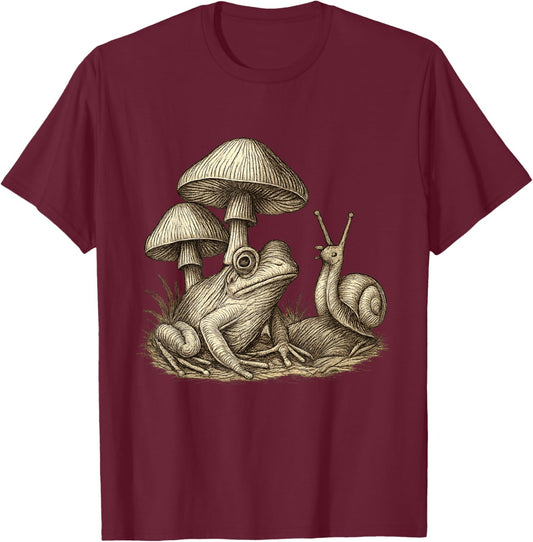 Vintage Frog Snail Mushroom Forest Forager T-Shirt - T-Shirt | Maroon
