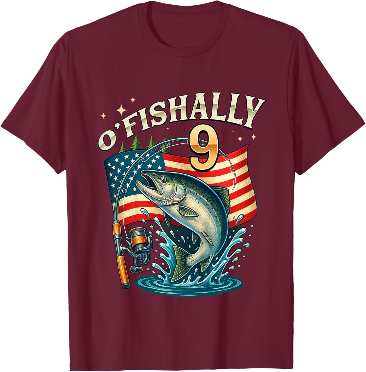 Kids O'fishally 9 Years Old Fishing 9th Birthday Boys Kids T-Shirt - T-Shirt | Maroon