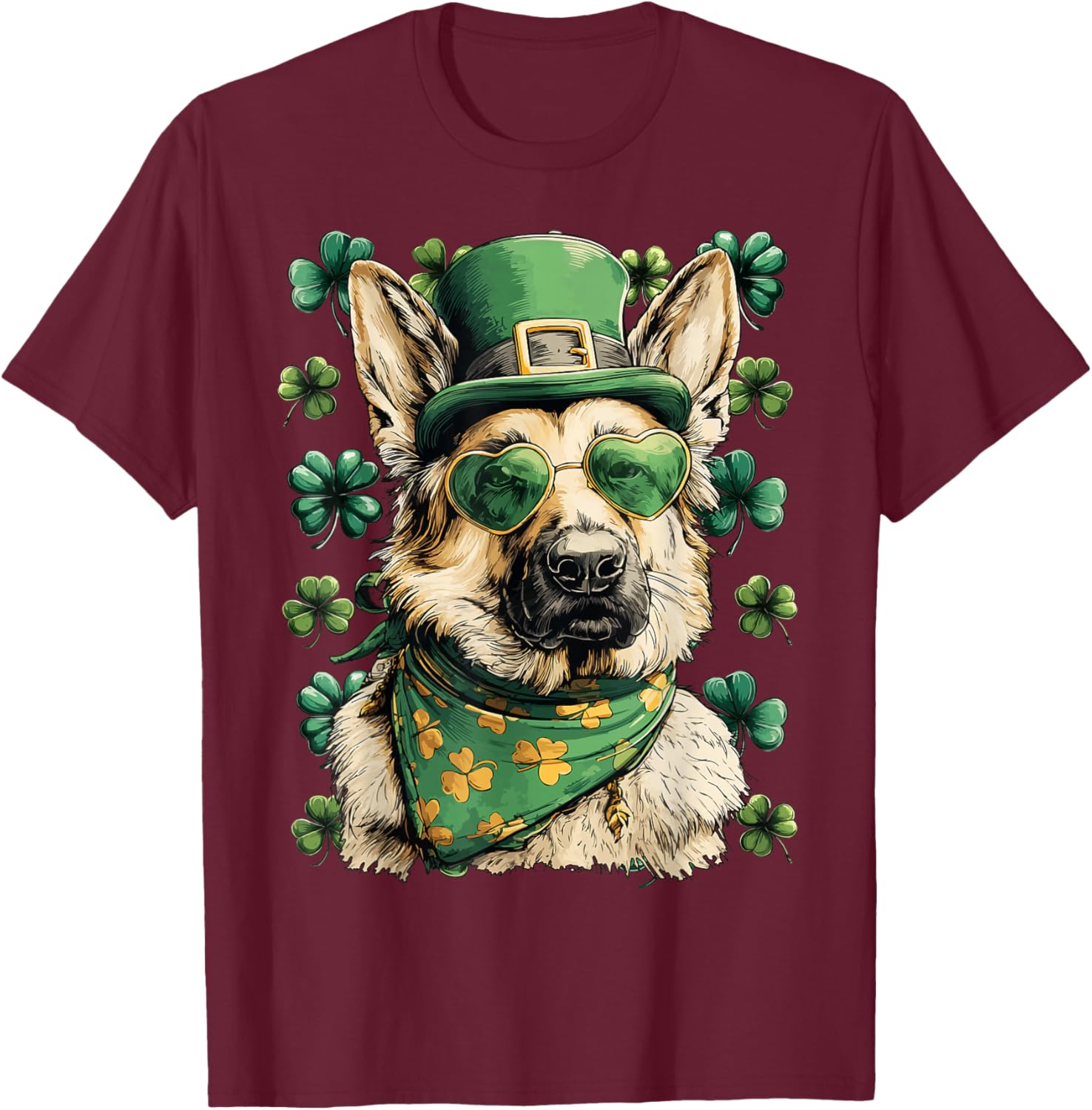 German Shepherd Shamrocks Hearts Sunglasses St Patricks Day T-Shirt - T-Shirt | Maroon