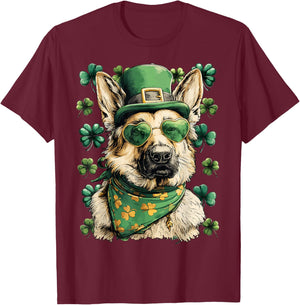 German Shepherd Shamrocks Hearts Sunglasses St Patricks Day T-Shirt - T-Shirt | Maroon
